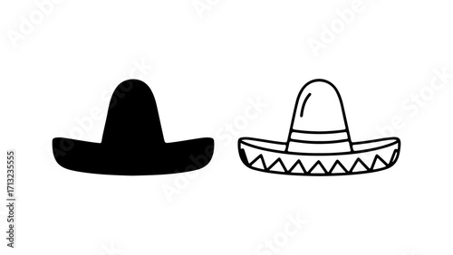 Set of Mexican Sombrero Hat Icons Silhouette and Outline.