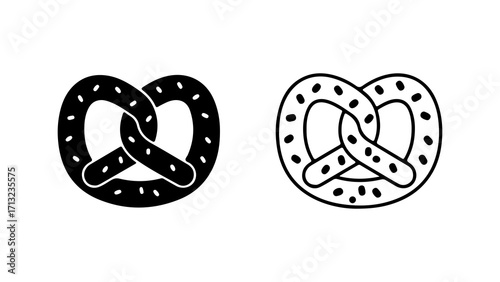 Set of pretzel icons in solid and outline vector illustration.