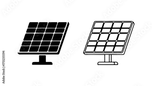 Set of solar panel icons in solid and outline styles.