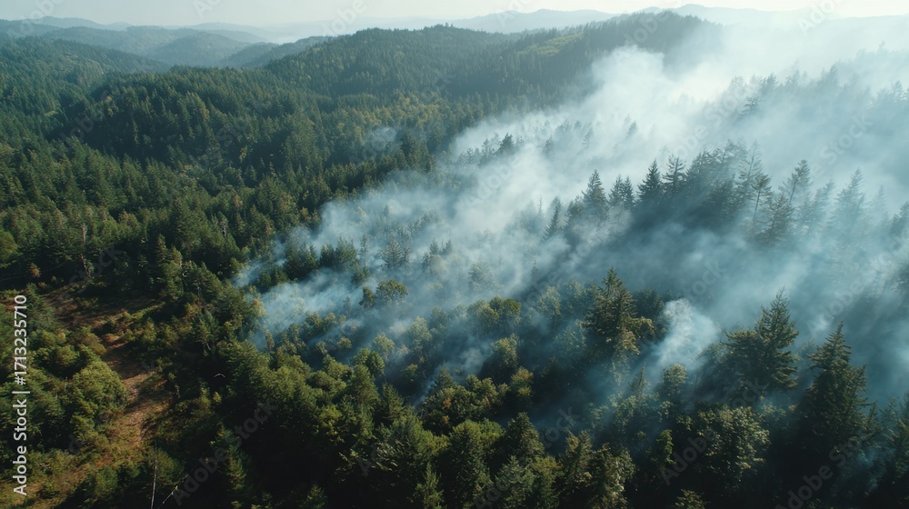 Obraz premium Smoke Rising from Lush Green Forest in Mountainous Landscape on a Clear Day