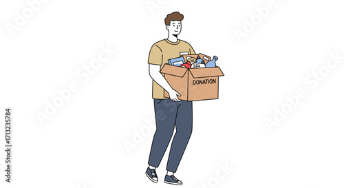 Man Carrying Donation Box Full of Groceries and Household Items Isolated on White Background