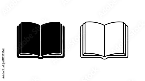 Set of two open book icons in silhouette and outline style.