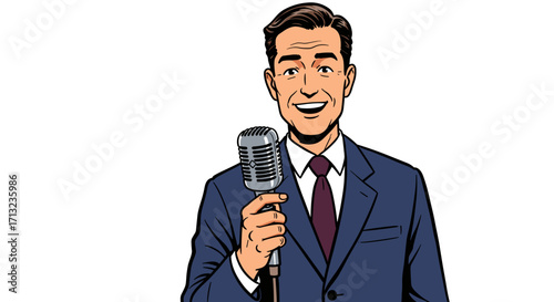 Charismatic Smiling Man in Suit Holding Vintage Microphone Speaking Confidently Isolated on White Background