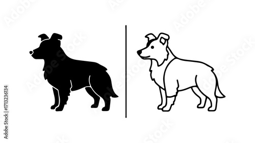 Shetland Sheepdog silhouette and line art icon set.