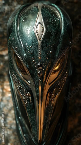 A close up view of the face of an alien