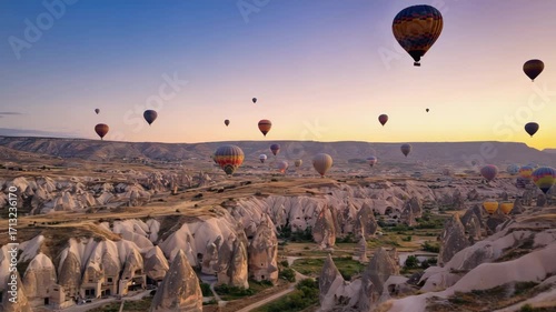 Hot air balloons flying over Cappadocia at sunrise