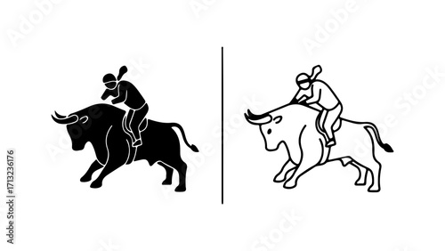 Silhouette and Outline of a Bull Rider in Action.