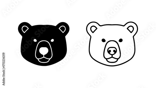 Simple bear head icon set in silhouette and outline style.