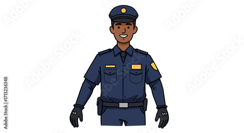 Smiling cartoon police officer in uniform isolated on white background