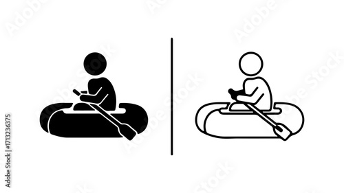 Simple black and white icon of a person paddling a raft.
