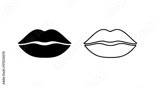 Simple black and white lip icons set solid and outline style.