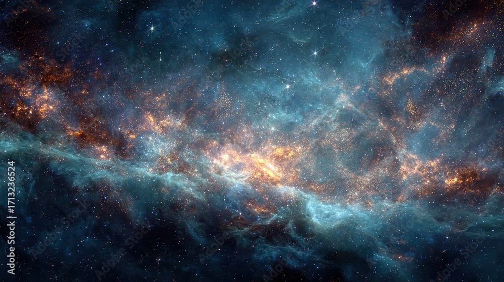 Fototapeta premium Celestial nebula swirls in teal, orange, and dark blue