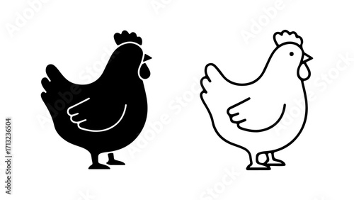 Simple chicken icon set in silhouette and outline style.