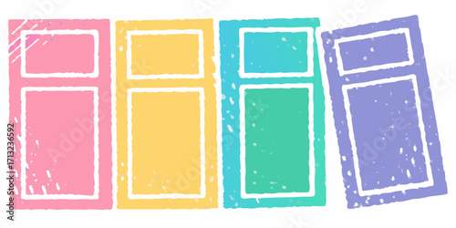 Four colorful abstract doors or windows with a textured hand drawn appearance in pastel shades