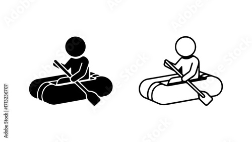 Simple icon set of a person paddling an inflatable raft.
