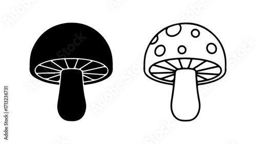 Simple line art and solid black mushroom illustrations.