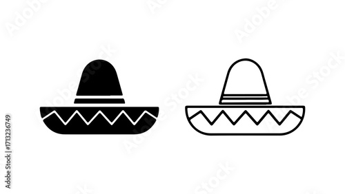 Simple Mexican sombrero hat icon set in silhouette and outline style.