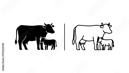 Simple Line Art Cow and Calf Silhouette and Outline.