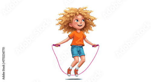 Playful cartoon girl with curly blonde hair joyfully jumping rope isolated on white background