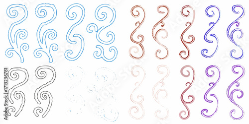 Collection of hand drawn decorative flourish elements in various colors and styles