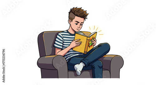 Young boy sitting comfortably in armchair reading a captivating storybook with glowing illustrations