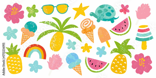 Vibrant summer collection of tropical fruits flowers ice cream and beach accessories