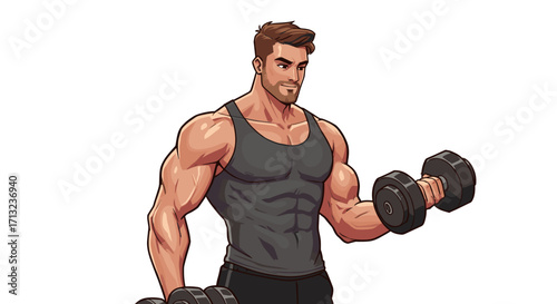 Muscular Man with Brown Hair and Beard Performing Dumbbell Bicep Curls Isolated on White Background