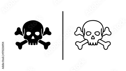 Skull and Crossbones Icon Set in Silhouette and Outline Styles.