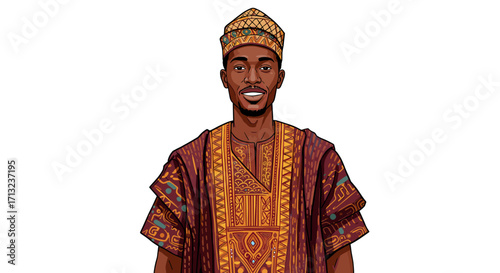 Young African man wearing traditional attire smiling happily isolated on white background