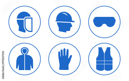Personal protective equipment (PPE) vector icon set. Industrial safety signage based on OSHA and ISO norms. Includes face shield, hat, helmet, vest, goggle, gloves, uniform, eye guard symbols (Blue)