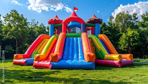 Vibrant inflatable playground with colorful slides and a castle-like structure sits in a grassy park area under a partly cloudy sky.