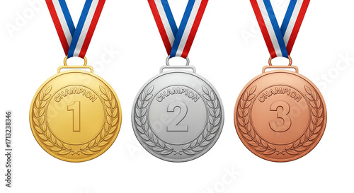 Three champion medals, gold, silver, bronze, first, second, third place, award, achievement, success, victory, competition, winning, prize, reward, celebration, accomplishment, trophy, laurel wre