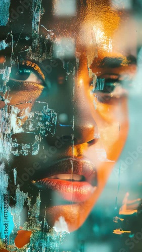 A woman 's face with a cityscape in the background