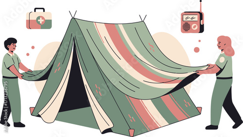 vector illustration of a family setting up an emergency shelter tent for a disaster preparedness drill for International Day for Disaster Risk Reduction.
