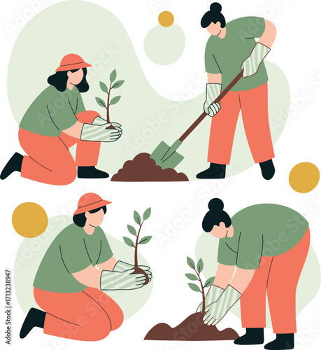 vector illustration of people planting trees for reforestation and environmental protection for International Day for Disaster Risk Reduction.