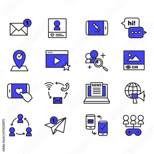 Social media and digital communication thin line vector icon set