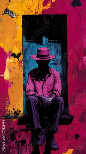 A painting of a man sitting on a bench