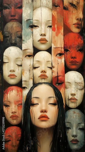 A painting of a woman surrounded by many faces