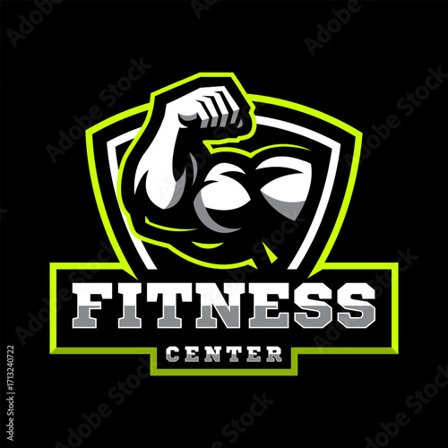 Fitness gym logo design, Strong athlete icon for gym and fitness center on dark background