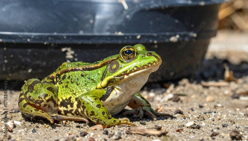Fototapeta premium A vibrant green frog with speckled patterns rests on sandy ground near a dark object.