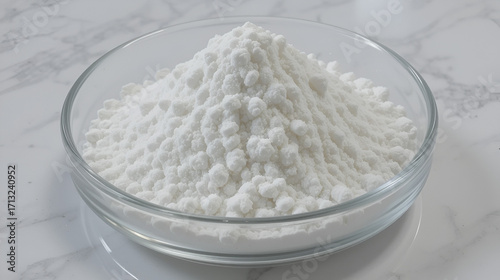 White crystalline chemical powder in glass dish. Food additive E211. Sodium benzoate, C6H5COONa. Sodium salt of benzoic acid. Food Preservative strong depressing effect on yeast and mold fungi