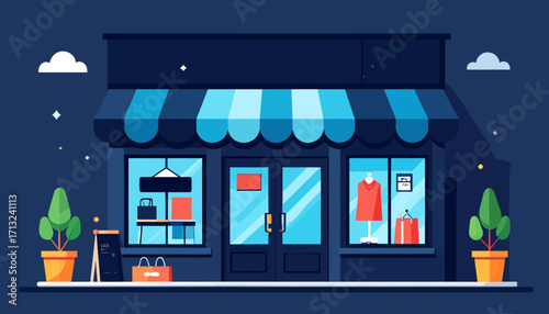 Night Shop Exterior Stylish Boutique Store Front Illustration
