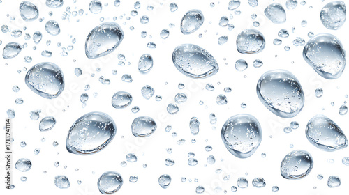 Transparent water droplets in irregular shapes, isolated on a white background.