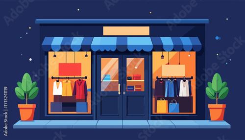 Charming nocturnal boutique facade glowing softly with stylish apparel displays, creating a welcoming urban retail atmosphere perfect for shopping and business themes