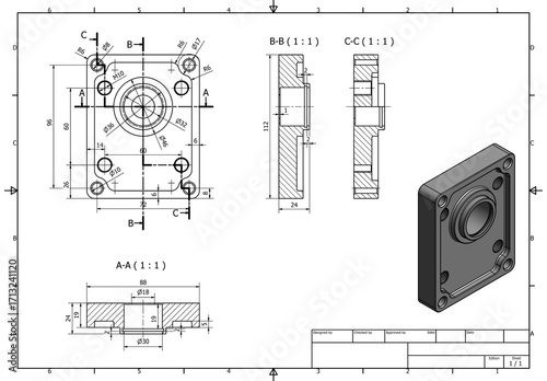 detailed engineering drawing of a mechanical component, housing or mounting plate, various views and dimensions CAD design