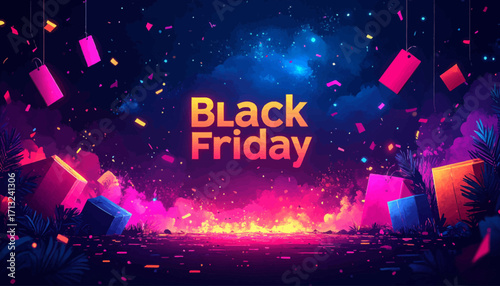 Dynamic Black Friday Sales Event with Glittering Confetti and Abstract Gift Boxes on a Cosmic Background