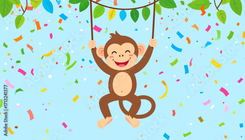 Cheerful Monkey Swinging from Vine amidst Confetti Rain - Animated Fun