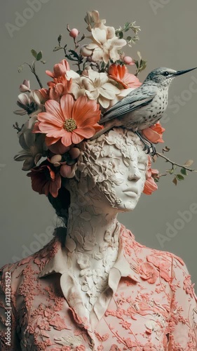 A woman with flowers in her hair and a bird on her head