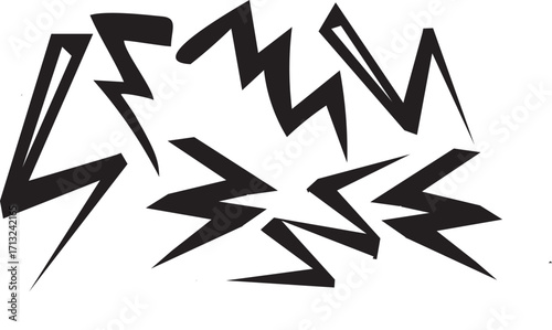 Dynamic black lightning bolt shapes exploding with raw energy on a clean white background, perfect for impactful design | Abstract angular graffiti-style artwork with sharp black shapes 