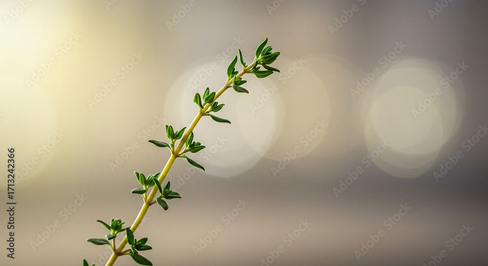 Single sprig of fresh green thyme herb with soft bokeh background Single sprig of fresh green thyme herb with soft bokeh background